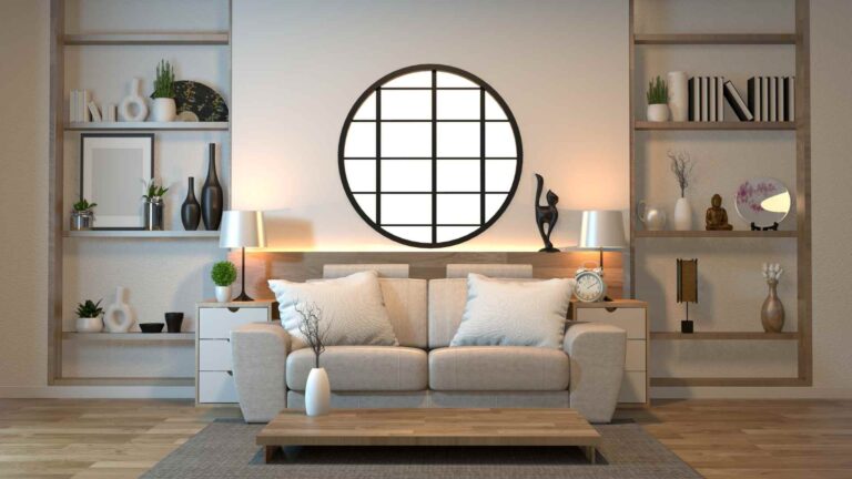 Small Living Room With Floating Furniture Shelf And Elegant Round Window