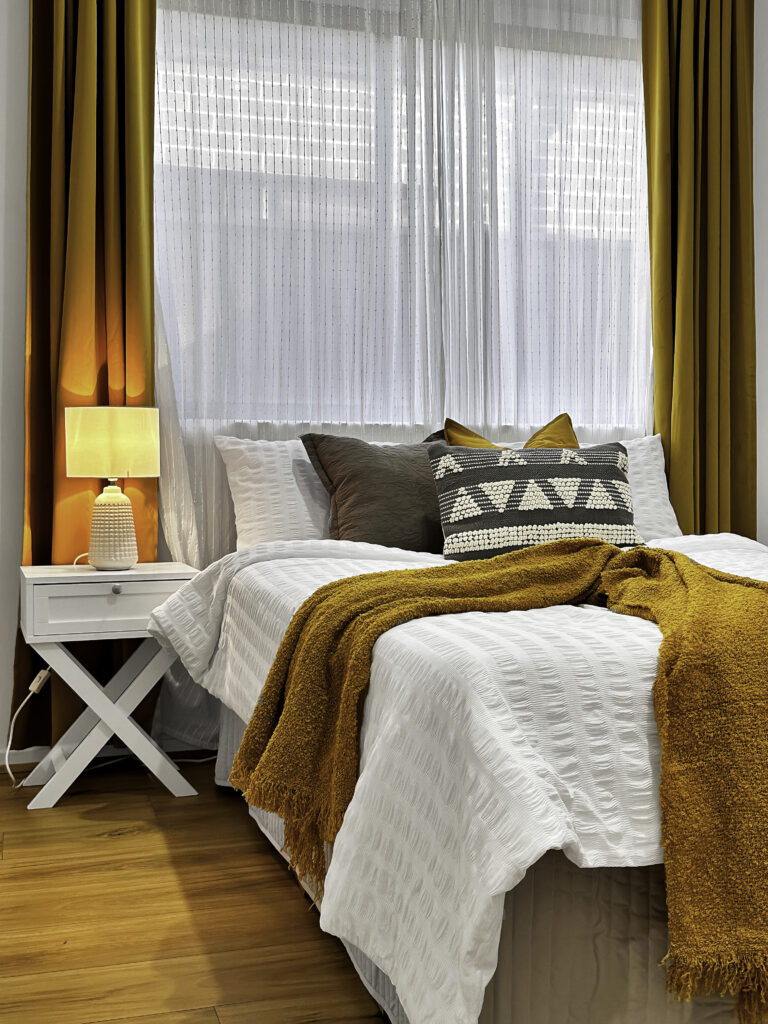 white and brown theme bed